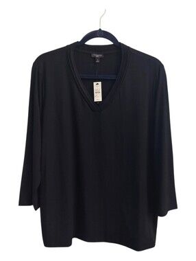 NEW TALBOTS Black Pleated V-Neck Three-Quarter Sleeve Pullover Top 1X Essential